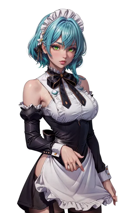 (1girl, solo, masterpiece, 4k, best quality:1.2, (cowboy shot), best quality:1.2, NICE HANDS, COLORFUL, (perfect hands, perfect anatomy)),
aavillhaze, short hair, maid headdress, green eyes, breasts, maid, black bowtie, bare shoulders, frills, dress, underbust, detached sleeves, long sleeves, maid apron,
((medium breasts, mediumhips, looking at the viewer, high stocking)),
((simple background, white background)), <lora:GoodHands-vanilla:1>