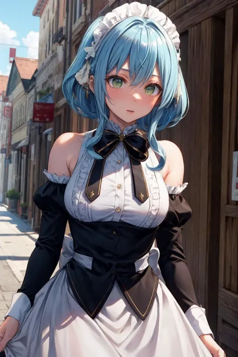 masterpiece, best quality, highres, aavillhaze, short hair, maid headdress, green eyes, breasts, maid, black bowtie, bare shoulders, frills, dress, underbust, detached sleeves, long sleeves, maid apron, <lora:villhaze_v1:0.7>, walking, cowboy shot, :o, town