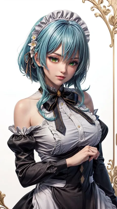 (1girl, solo, masterpiece, 4k,  best quality:1.2, (cowboy shot), best quality:1.2, NICE HANDS, COLORFUL, (perfect hands, perfect anatomy)),
aavillhaze, short hair, maid headdress, green eyes, breasts, maid, black bowtie, bare shoulders, frills, dress, underbust, detached sleeves, long sleeves, maid apron,
((medium breasts, mediumhips, looking at the viewer)),
((simple background, white background)), <lora:GoodHands-vanilla:1>