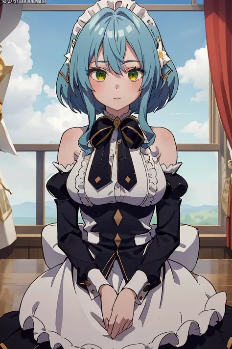 (masterpiece, best quality), 1girl, <lora:villhaze_v1:1> aavillhaze, short hair, maid headdress, green eyes, breasts, maid, black bowtie, bare shoulders, frills, dress, underbust, detached sleeves, long sleeves, maid apron