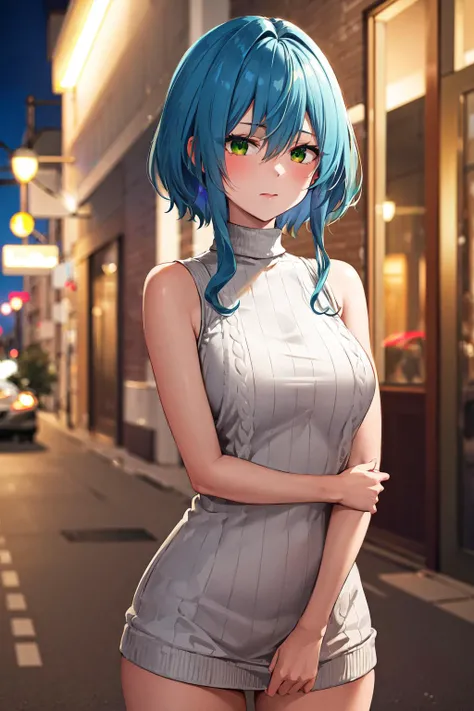 masterpiece, best quality, 1girl, Sona \(league of legends\), blue hair, blue eyes, gradient hair, collarbone, twintails, hair ornament, long hair, city, street, (casual clothes)