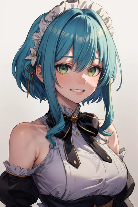 masterpiece, best quality, highres, aavillhaze, short hair, maid headdress, green eyes, breasts, maid, black bowtie, bare shoulders, frills, dress, underbust, detached sleeves, long sleeves, maid apron, <lora:villhaze_v1:0.7>, standing, cowboy shot, smile, close portrait, grin