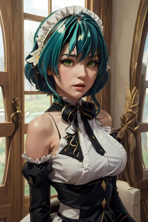 (masterpiece, best quality), 1girl, <lora:villhaze_v1:1> aavillhaze, short hair, maid headdress, green eyes, breasts, maid, black bowtie, bare shoulders, frills, dress, underbust, detached sleeves, long sleeves, maid apron