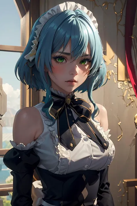 (masterpiece, best quality), 1girl, <lora:villhaze_v1:1> aavillhaze, short hair, maid headdress, green eyes, breasts, maid, black bowtie, bare shoulders, frills, dress, underbust, detached sleeves, long sleeves, maid apron