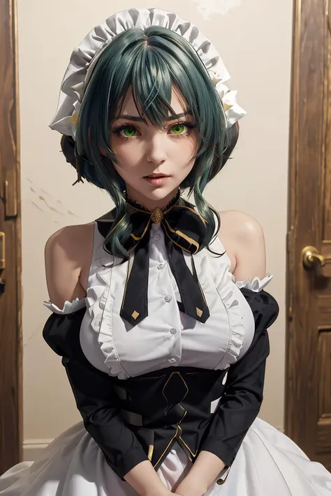 (masterpiece, best quality), 1girl, <lora:villhaze_v1:1> aavillhaze, short hair, maid headdress, green eyes, breasts, maid, black bowtie, bare shoulders, frills, dress, underbust, detached sleeves, long sleeves, maid apron