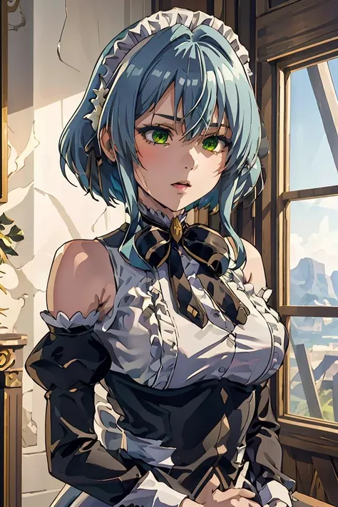 (masterpiece, best quality), 1girl, <lora:villhaze_v1:1> aavillhaze, short hair, maid headdress, green eyes, breasts, maid, black bowtie, bare shoulders, frills, dress, underbust, detached sleeves, long sleeves, maid apron