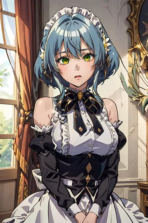 (masterpiece, best quality), 1girl, <lora:villhaze_v1:1> aavillhaze, short hair, maid headdress, green eyes, breasts, maid, black bowtie, bare shoulders, frills, dress, underbust, detached sleeves, long sleeves, maid apron