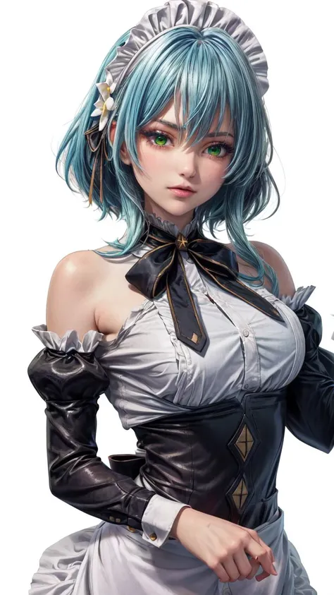 (1girl, solo, masterpiece, 4k, best quality:1.2, (cowboy shot), best quality:1.2, NICE HANDS, COLORFUL, (perfect hands, perfect anatomy)),
aavillhaze, short hair, maid headdress, green eyes, breasts, maid, black bowtie, bare shoulders, frills, dress, underbust, detached sleeves, long sleeves, maid apron,
((medium breasts, mediumhips, looking at the viewer)),
((simple background, white background)), <lora:GoodHands-vanilla:1>