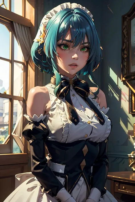 (masterpiece, best quality), 1girl, <lora:villhaze_v1:1> aavillhaze, short hair, maid headdress, green eyes, breasts, maid, black bowtie, bare shoulders, frills, dress, underbust, detached sleeves, long sleeves, maid apron