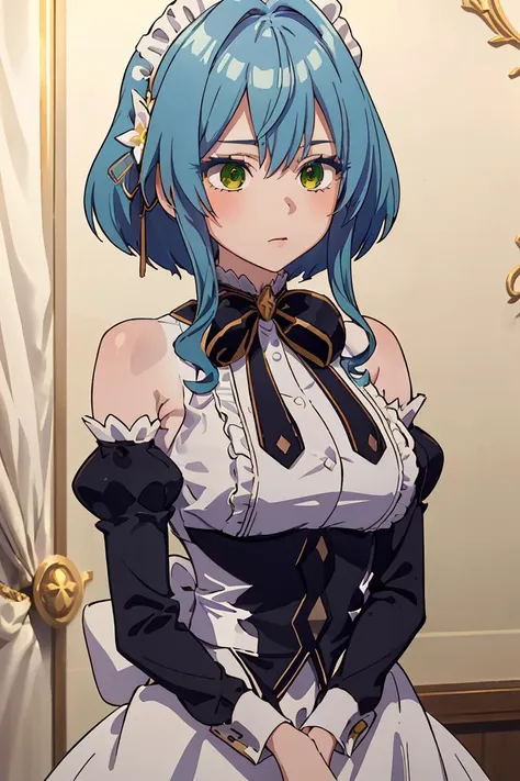 (masterpiece, best quality), 1girl, <lora:villhaze_v1:1> aavillhaze, short hair, maid headdress, green eyes, breasts, maid, black bowtie, bare shoulders, frills, dress, underbust, detached sleeves, long sleeves, maid apron