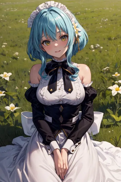 masterpiece, best quality, highres, aavillhaze, short hair, maid headdress, green eyes, breasts, maid, black bowtie, bare shoulders, frills, dress, underbust, detached sleeves, long sleeves, maid apron, <lora:villhaze_v1:0.7>, field, flower field, lying on ground, smile