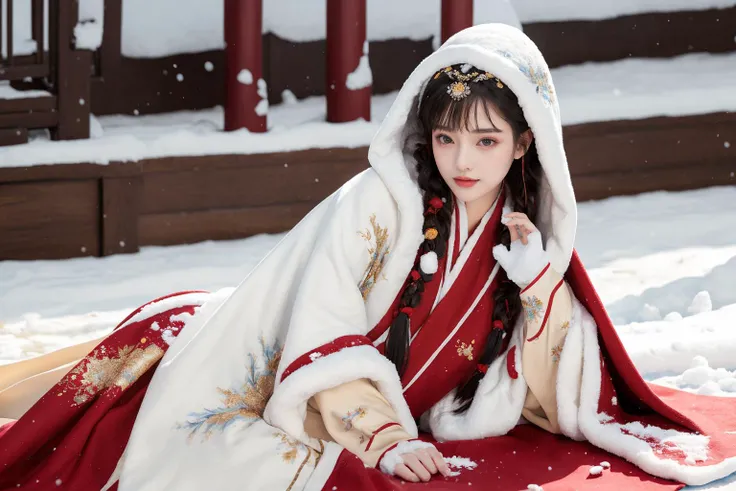 1 girl, (lying:1.35), Hanfu, (Winter hanfu), (cloak, headwear), (snow:1.2), <lora:Winter_Hanfu:0.65>, (masterpiece,best quality:1.5), ultra realistic,32k,RAW photo,(high detailed skin:1.2), 8k uhd, wide shot:1.2)