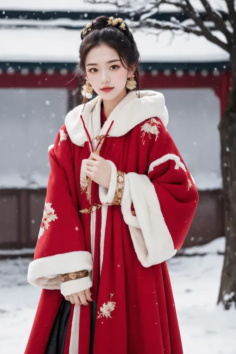 1 girl, (cowboy shot), red hanfu, (Winter hanfu), (tang style), <lora:Winter_Hanfu:0.6>, winter, snow, (outdoors:1.2), (masterpiece,best quality:1.5), ultra realistic,32k,RAW photo,(high detailed skin:1.2), 8k uhd, dslr, soft lighting, high quality, film grain, bracelets ,earrings , Ivy League, fire