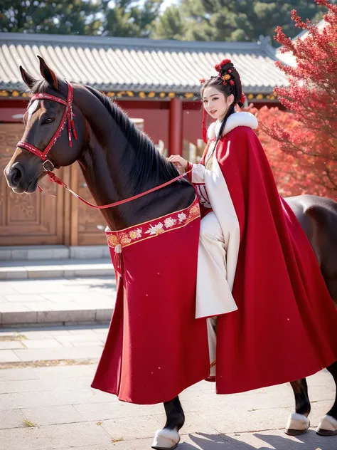 Woman in red cape riding a horse in front of a building - SeaArt AI