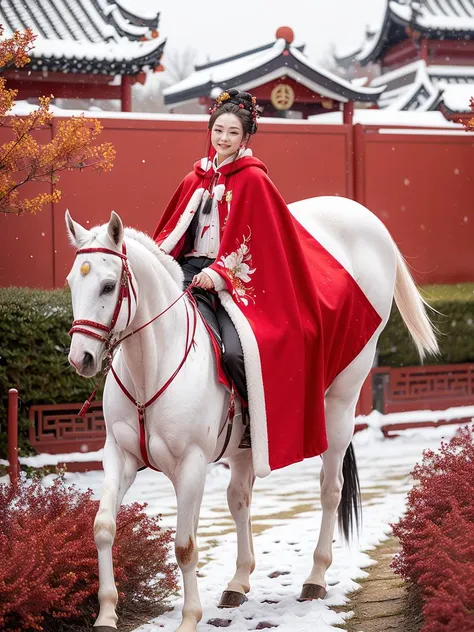 1 girl, (Chinese:1.2), full body, riding a horse, (dynamic poses), Hanfu, (Winter hanfu), (cloak, headwear:1.1), (snow, red flowers, chinese outdoors:1.2), <lora:Winter_Hanfu:0.65>,