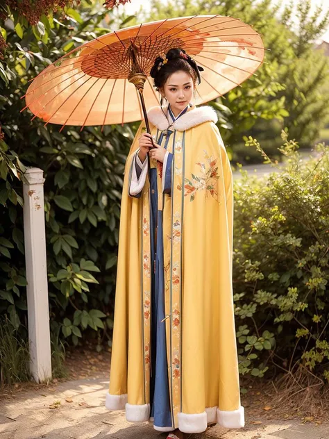 (masterpiece,best quality:1.5), 1girl, (Chinese:1.2), cowboy shot, (short legs:1.2), Winter hanfu, cloak, (golden yellow hanfu), (holding oil-paper umbrella:1.1),  <lora:Winter_Hanfu:0.75>,