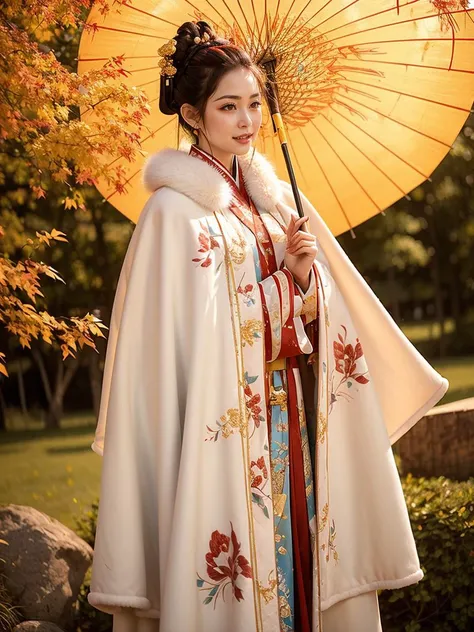 (masterpiece,best quality:1.5), 1 girl, (Chinese:1.2), cowboy shot,(normal height:1.2), Winter hanfu, cloak, (golden yellow hanfu), (holding oil-paper umbrella:1.1),  <lora:Winter_Hanfu:0.75>,