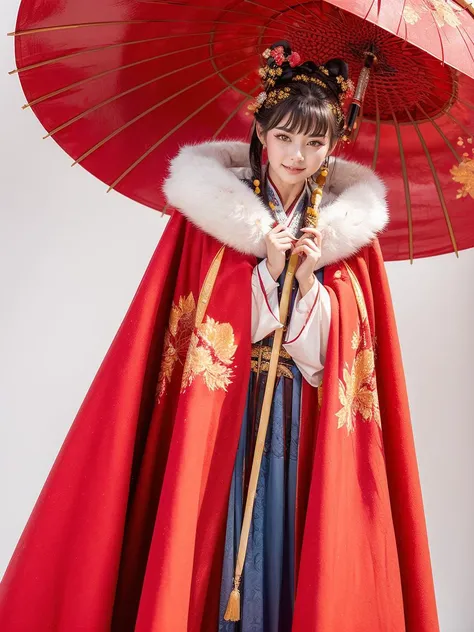 (masterpiece,best quality:1.5), 1 girl, (Chinese:1.2), cowboy shot, Winter hanfu, cloak, (golden yellow hanfu), holding oil-paper umbrella, <lora:Winter_Hanfu:0.75>,