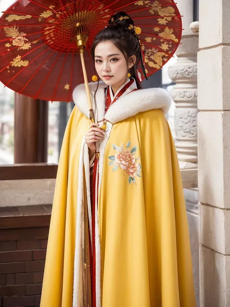 (masterpiece,best quality:1.5), 1 girl, (Chinese:1.2), cowboy shot, Winter hanfu, cloak, (golden yellow hanfu), holding oil-paper umbrella, <lora:Winter_Hanfu:0.75>,