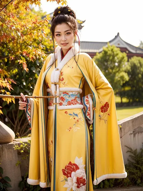 (masterpiece,best quality:1.5), 1 girl, (Chinese:1.2), cowboy shot,( normal height:1.2), Winter hanfu, long cloak, (golden yellow hanfu), holding oil-paper umbrella,  <lora:Winter_Hanfu:0.75>,