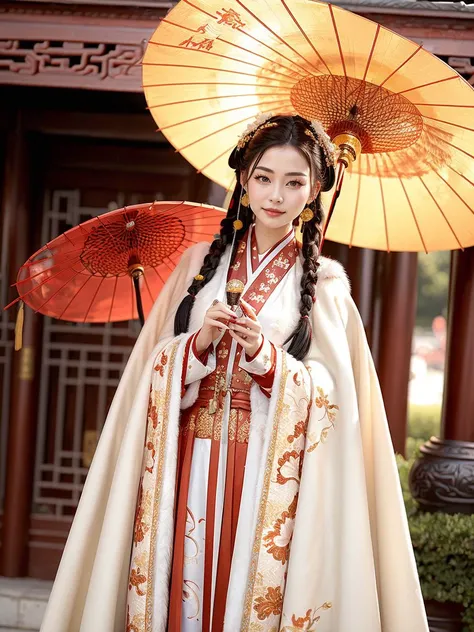 (masterpiece,best quality:1.5), 1 girl, (Chinese:1.2), cowboy shot, Winter hanfu, cloak, (golden yellow hanfu), holding oil-paper umbrella, <lora:Winter_Hanfu:0.75>,