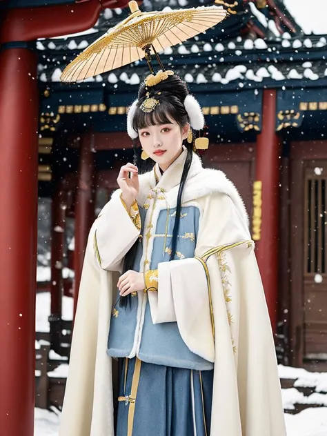 1 girl, (shot in denim), golden yellow Hanfu, (Winter Hanfu), (skirt, cloak, top, jacket: 1.2), headgear, Yokotsu Wari, holding oiled paper umbrellas in both hands, winter, snow, (outdoor: 1.2), masterpiece, surreal, 32k, extremely detailed CG uniform 8k wallpaper, best quality <lora:Winter_Hanfu:0.75><lora:FilmVelvia3:0.4>