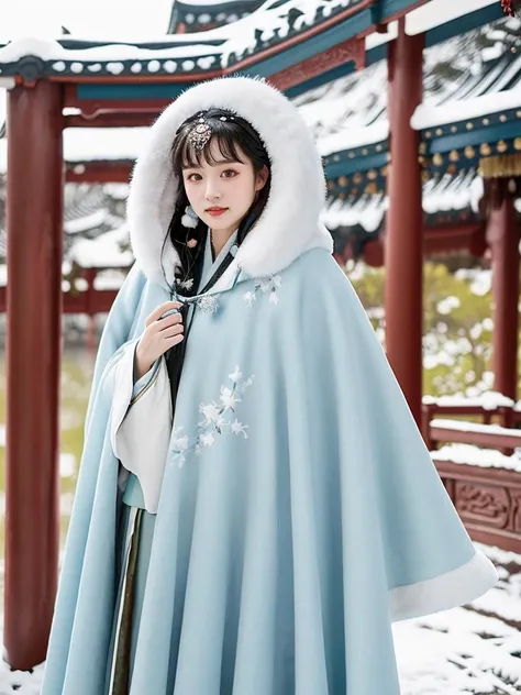 1 Girl, (Cowboy Shot), Aqua Blue Hanfu, (Winter Hanfu), (Skirt, Cape, Top, Short Jacket: 1.2), Headgear, , Winter, Snow, (Outdoor: 1.2), Masterpiece, Super Realistic, 32k, extremely detailed CG unified 8k wallpaper, best quality <lora:Winter_Hanfu:0.75> <lora:FilmVelvia3:0.4>