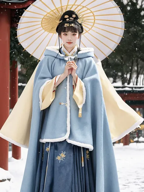 1 girl, (shot in denim), golden yellow Hanfu, (Winter Hanfu), (skirt, cloak, top, jacket: 1.2), headgear, Yokotsu Wari, holding oiled paper umbrellas in both hands, winter, snow, (outdoor: 1.2), masterpiece, surreal, 32k, extremely detailed CG uniform 8k wallpaper, best quality <lora:Winter_Hanfu:0.75><lora:FilmVelvia3:0.4>