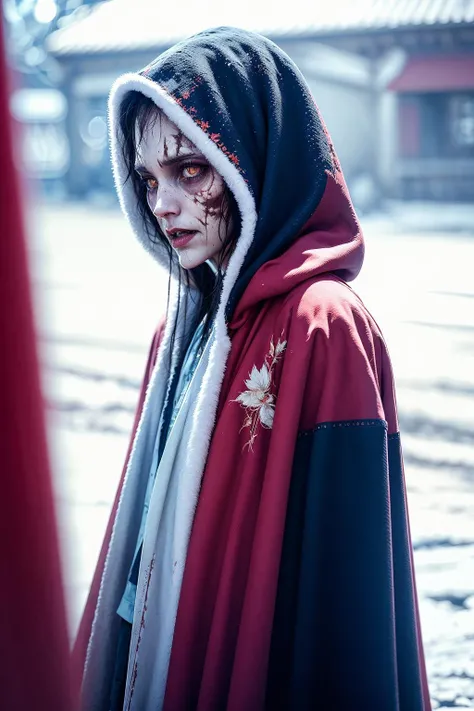 official art, unity 8k wallpaper, ultra detailed, masterpiece, best quality, surreal, (photorealistic:1.3), hyperrealistic, dynamic lighting, global illumination,horror \(theme\),
BREAK,
a female zombie,
<lora:Winter_Hanfu:0.65>,Hanfu, (Winter hanfu), (cloak, headwear:1.1),
BREAK,
<lora:rottingZombies:1.8:FACE>,rotungwoka person female wearing china dress,zombie, glowing eyes, (no pupils:1.5), rotting,
dynamic pose, looking at viewer,
(snow, red flowers, chinese outdoors:1.2),