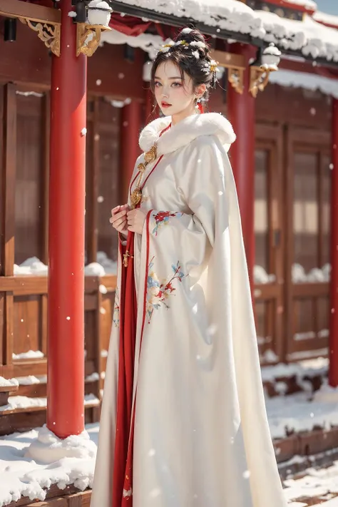 masterpiece, best quality, realistic, 8k, official art, cinematic light, ultra high res, 1girl, standing, day, sunlight, light on face, (white hanfu), (Winter hanfu:1.2), (cloak:1.2), (snow:1.3),
 <lora:Winter_Hanfu:0.55>, Shaved sides, bracelets ,Sunglasses,necklace ,earrings , pond <lora:AI_Misaki:0.8:FACE>