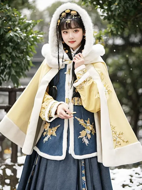 1 girl, (shot in denim), golden yellow Hanfu, (Winter Hanfu), (skirt, cloak, top, jacket: 1.2), headgear, Yokotsu Wari, holding oiled paper umbrellas in both hands, winter, snow, (outdoor: 1.2), masterpiece, surreal, 32k, extremely detailed CG uniform 8k wallpaper, best quality <lora:Winter_Hanfu:0.75><lora:FilmVelvia3:0.4>