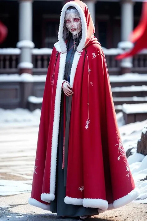 official art, unity 8k wallpaper, ultra detailed, masterpiece, best quality, surreal, (photorealistic:1.3), hyperrealistic, dynamic lighting, global illumination,horror \(theme\),
BREAK,
a female zombie,
<lora:Winter_Hanfu:0.65>,Hanfu, (Winter hanfu), (cloak, headwear:1.1),
BREAK,
<lora:rottingZombies:1.8:FACE>,rotungwoka person female wearing china dress,zombie, glowing eyes, (no pupils:1.5), rotting,
dynamic pose, looking at viewer,
(snow, red flowers, chinese outdoors:1.2),