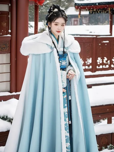 1 Girl, (Cowboy Shot), Aqua Blue Hanfu, (Winter Hanfu), (Skirt, Cape, Top, Short Jacket: 1.2), Headgear, , Winter, Snow, (Outdoor: 1.2), Masterpiece, Super Realistic, 32k, extremely detailed CG unified 8k wallpaper, best quality <lora:Winter_Hanfu:0.75> <lora:FilmVelvia3:0.4>