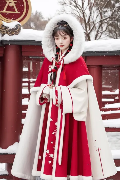 1 girl, (cowboy shot), red hanfu, (Winter hanfu), (skirt, cloak, top, short coat:1.2), headwears,, winter, snow, (outdoors:1.2), masterpiece,ultra realistic,32k,extremely detailed CG unity 8k wallpaper, best quality <lora:Winter_Hanfu:0.75>