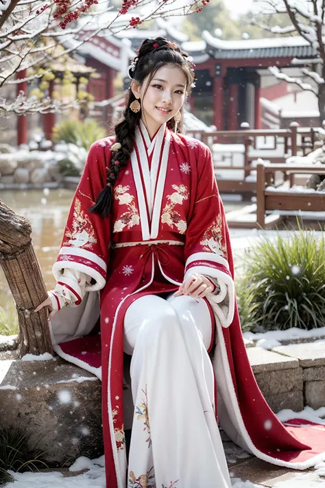 (realistic:1.3), finely detailed, quality, rembrandt lighting, (masterpiece:1.2), (photorealistic:1.2), (best quality), (detailed skin:1.3), (intricate details), dramatic, ray tracing, 1girl, chinese girl, 21 years old, detailed skin texture, (blush:0.5), (goosebumps:0.5), subsurface scattering, smiling, detailed face, medium breasts, earrings, hair ornaments, hanfu, (winter hanfu, cloak:1.2), sitting, full bodyy, (snow, snowing, winter:1.2), (winter outdoors, trees, grass), <lora:Winter_Hanfu:0.6>