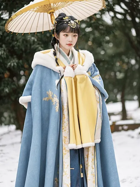 1 girl, (shot in denim), golden yellow Hanfu, (Winter Hanfu), (skirt, cloak, top, jacket: 1.2), headgear, Yokotsu Wari, holding oiled paper umbrellas in both hands, winter, snow, (outdoor: 1.2), masterpiece, surreal, 32k, extremely detailed CG uniform 8k wallpaper, best quality <lora:Winter_Hanfu:0.75><lora:FilmVelvia3:0.4>