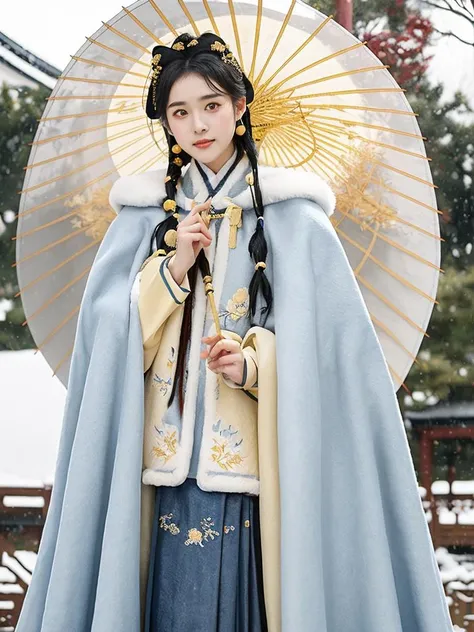 1 girl, (shot in denim), golden yellow Hanfu, (Winter Hanfu), (skirt, cloak, top, jacket: 1.2), headgear, Yokotsu Wari, holding oiled paper umbrellas in both hands, winter, snow, (outdoor: 1.2), masterpiece, surreal, 32k, extremely detailed CG uniform 8k wallpaper, best quality <lora:Winter_Hanfu:0.75><lora:FilmVelvia3:0.4>