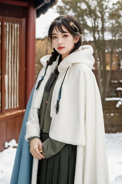 1 girl, (cowboy shot), red hanfu, (Winter hanfu), (skirt, cloak, top, short coat:1.2), <lora:Winter_Hanfu:0.7>, winter, snow, (outdoors:1.2), (masterpiece,best quality:1.5), ultra realistic,32k,RAW photo,(high detailed skin:1.2), 8k uhd, dslr, soft lighting, high quality, film grain, bracelets ,jewelry , Curtain bangs, Sea fort