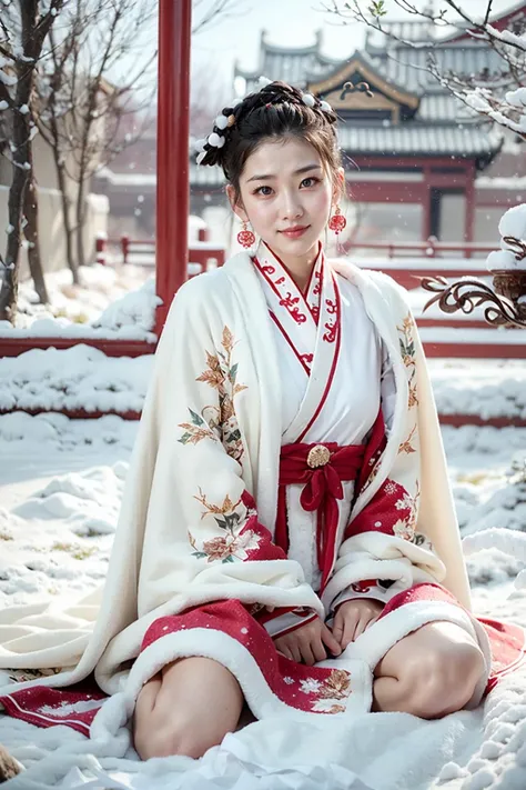 (realistic:1.3), finely detailed, quality, rembrandt lighting, (masterpiece:1.2), (photorealistic:1.2), (best quality), (detailed skin:1.3), (intricate details), dramatic, ray tracing, 1girl, chinese girl, 21 years old, detailed skin texture, (blush:0.5), (goosebumps:0.5), subsurface scattering, smiling, detailed face, medium breasts, earrings, hair ornaments, hanfu, (winter hanfu, cloak:1.2), sitting, full bodyy, (snow, snowing, winter:1.2), (winter outdoors, trees, grass), <lora:Winter_Hanfu:0.6>