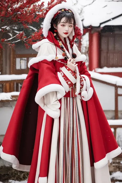 1 girl, (cowboy shot), red hanfu, (Winter hanfu), (skirt, cloak, top, short coat:1.2), headwears,, winter, snow, (outdoors:1.2), masterpiece,ultra realistic,32k,extremely detailed CG unity 8k wallpaper, best quality <lora:Winter_Hanfu:0.75>