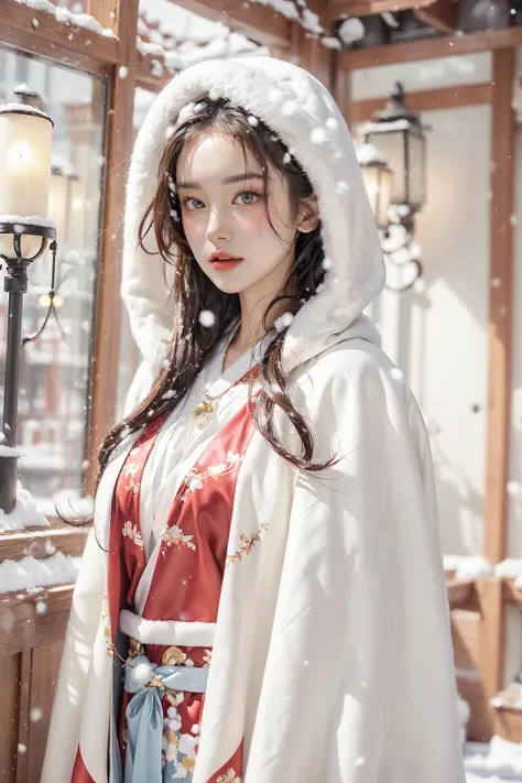 masterpiece, best quality, realistic, 8k, official art, cinematic light, ultra high res, 1girl, day, sunlight, light on face, (white hanfu), (Winter hanfu:1.2), (cloak:1.2), (snow:1.3),(upper body)
 <lora:Winter_Hanfu:0.55>, French twist, jewelry ,necklace , Appalachian <lora:AI_Misaki:0.8:FACE>