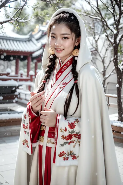 (realistic:1.3), finely detailed, quality, rembrandt lighting, (masterpiece:1.2), (photorealistic:1.2), (best quality), (detailed skin:1.3), (intricate details), dramatic, ray tracing, 1girl, chinese girl, 21 years old, detailed skin texture, (blush:0.5), (goosebumps:0.5), subsurface scattering, smiling, detailed face, medium breasts, earrings, hair ornaments, hanfu, (winter hanfu, cloak:1.2), cowboy shot, (snow, snowing, winter:1.2), (winter outdoors, trees, grass), <lora:Winter_Hanfu:0.6>