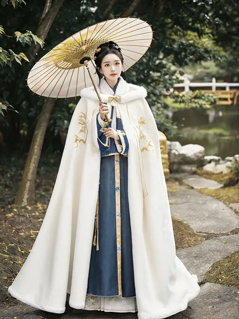1 girl, (shot in denim), golden yellow Hanfu, (Winter Hanfu), (skirt, cloak, top, jacket: 1.2), headgear, Yokotsu Wari, holding oiled paper umbrellas in both hands, winter, snow, (outdoor: 1.2), masterpiece, surreal, 32k, extremely detailed CG uniform 8k wallpaper, best quality <lora:Winter_Hanfu:0.75><lora:FilmVelvia3:0.4>