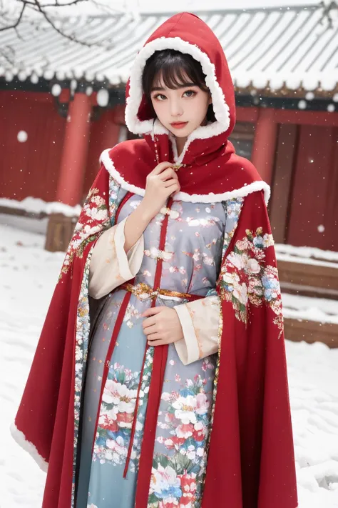1girl,red hanfu,CCC, solo,(floral_print:1.2),(winter hanfu:1.2), (cloak:1.2), (fog:1.1) (snow:1.3),ancient chinese theme, <lora:TCTH-dreamgirl-5:0.7:FACE>,cold light,dynamic pose,(cowboy shot), vibrant colors,stunning environment ,soft lighting,gorgeous light and shadow