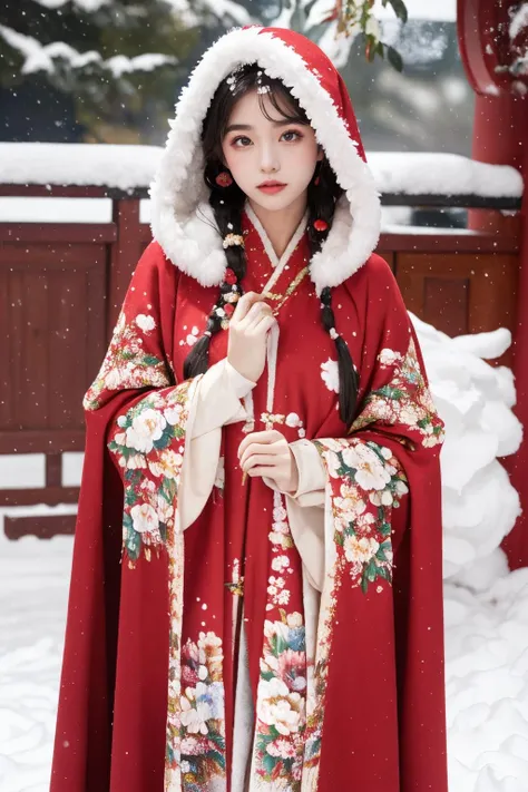1girl,red hanfu,CCC, solo,(floral_print:1.2),(winter hanfu:1.2), (cloak:1.2), (fog:1.1) (snow:1.3),ancient chinese theme, <lora:TCTH-dreamgirl-5:0.7:FACE>,cold light,dynamic pose,(cowboy shot), vibrant colors,stunning environment ,soft lighting,gorgeous light and shadow