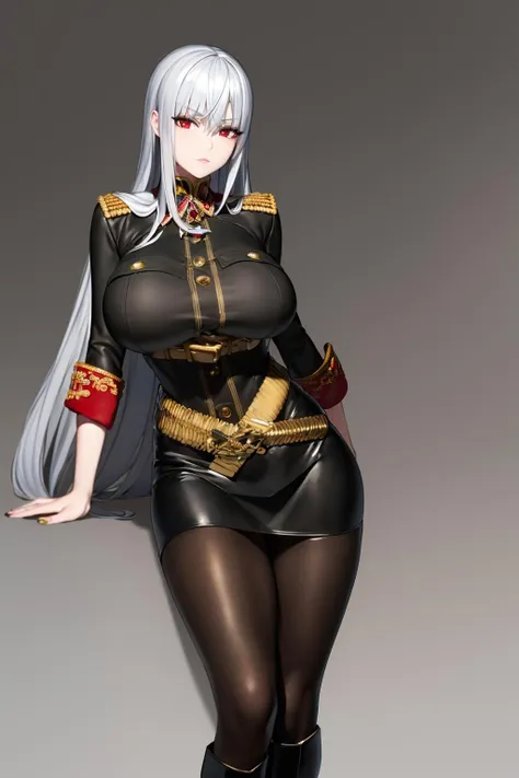 8k, 4k, intricate details, cinematic lighting, stunning environment, ornate, (realistic:1.3), detailed face, detailed eyes, detailed shadows, 1girl, solo, curvy, gigantic breasts, thick thighs, very long hair, silver hair, red eyes, (military uniform:1.1), black uniform, golden ornament, high heels, high boots, belt, golden belt, mini skirt, (tight skirt:1.1), (black leather pantyhose:1.1), <lora:CHA_SelvariaBles:0.9>