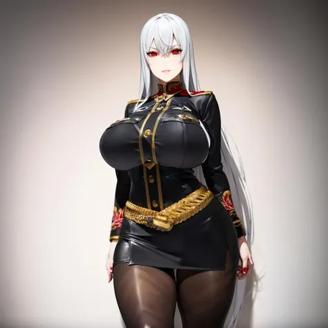 8k, 4k, intricate details, cinematic lighting, stunning environment, ornate, (realistic:1.3), detailed face, detailed eyes, detailed shadows, 1girl, solo, curvy, gigantic breasts, thick thighs, milf, mature woman, very long hair, silver hair, red eyes, (military uniform:1.1), black uniform, golden ornament, high heels, high boots, belt, golden belt, mini skirt, (tight skirt:1.1), (pantyhose:1.1), (stockings:1.1), black leather stockings, (black leather pantyhose:1.1), <lora:CHA_SelvariaBles:0.9>