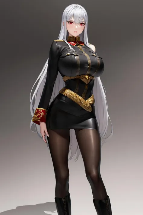 8k, 4k, intricate details, cinematic lighting, stunning environment, ornate, (realistic:1.3), detailed face, detailed eyes, detailed shadows, 1girl, solo, curvy, gigantic breasts, thick thighs, very long hair, silver hair, red eyes, (military uniform:1.1), black uniform, golden ornament, high heels, high boots, belt, golden belt, mini skirt, (tight skirt:1.1), (black leather pantyhose:1.1), <lora:CHA_SelvariaBles:0.9>