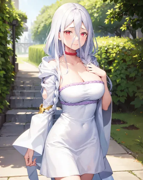 1girl, shiraori, solo,large breasts, cleavage, hair between eyes, standing,outdoors,london, cowboy shot, <lora:ShiraoriKumokoV2[shiraori]:1>,white_hair,hand on own chest, white hair,
