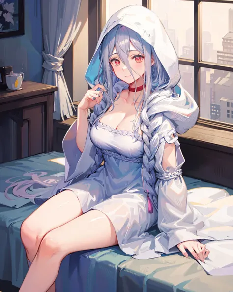 1girl, shiraori, solo,large breasts, cleavage, hair between eyes, <lora:ShiraoriKumokoV2[shiraori]:1>,white_hair,sitting,indoors,bedroom,light smile, ((hood_up))